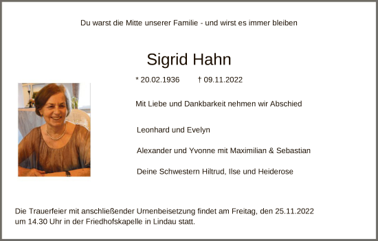 Traueranzeigen Von Sigrid Hahn Trauer Hna De