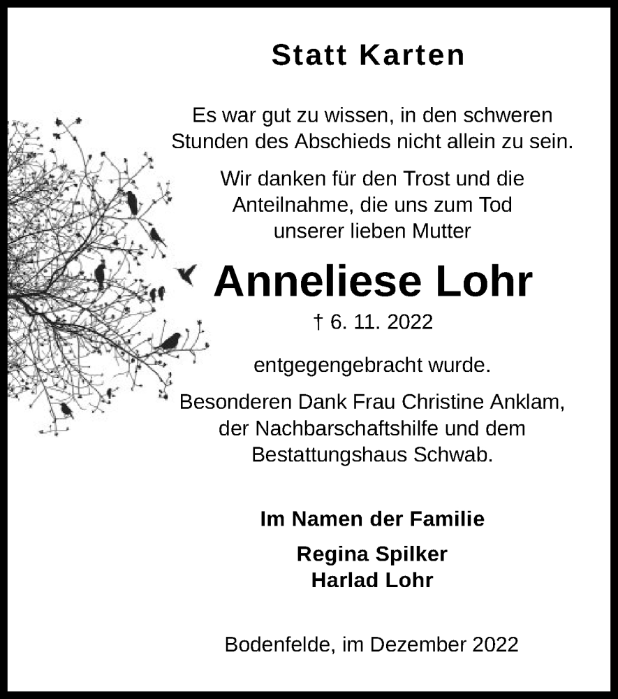 Traueranzeigen Von Anneliese Lohr Trauer Hna De