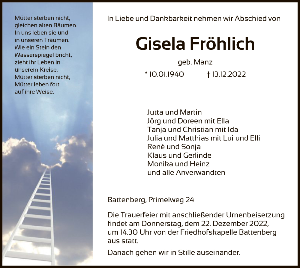 Traueranzeigen Von Gisela Fr Hlich Trauer Hna De