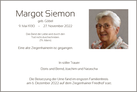 Traueranzeigen Von Margot Siemon Trauer HNA De