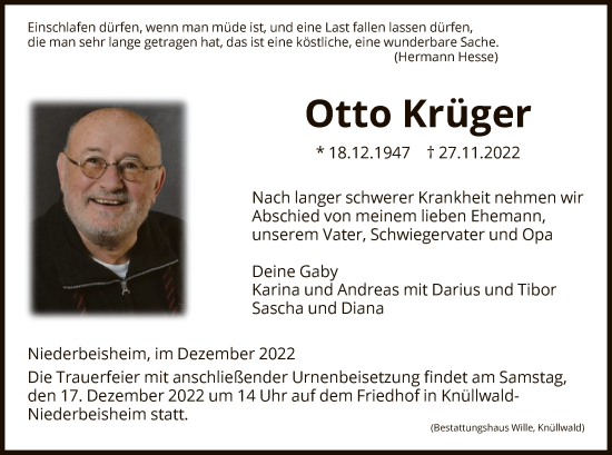 Traueranzeigen Von Otto Kr Ger Trauer Hna De