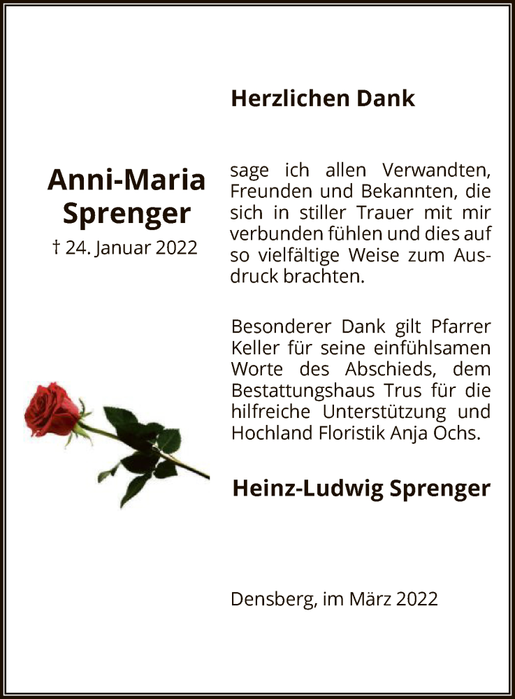 Traueranzeigen Von Anni Maria Sprenger Trauer HNA De