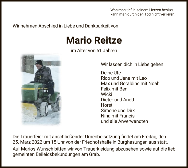 Traueranzeigen Von Mario Reitze Trauer Hna De