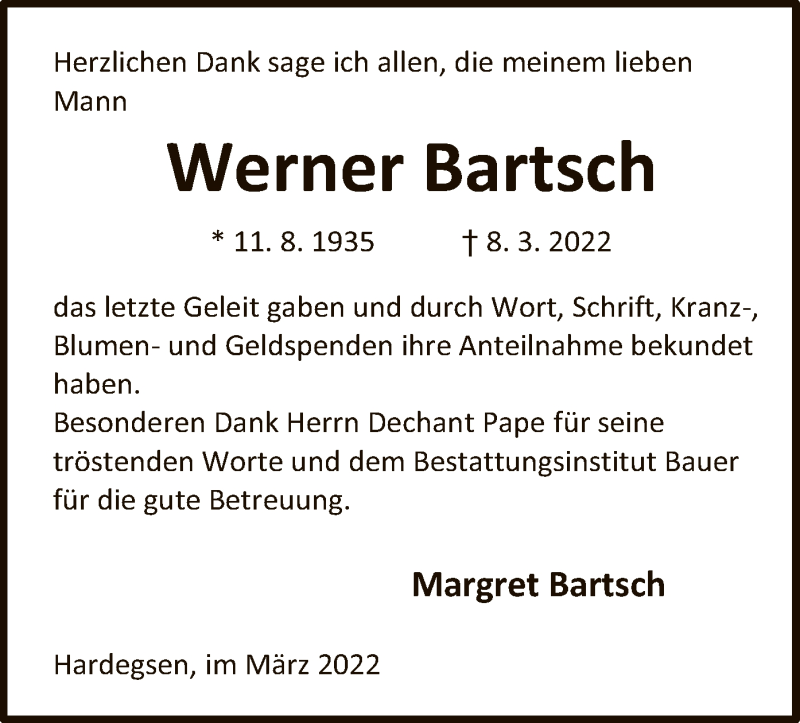 Traueranzeigen Von Werner Bartsch Trauer Hna De