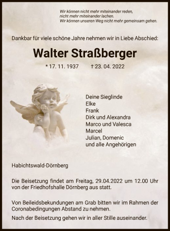 Traueranzeigen von Walter Straßberger Trauer HNA de