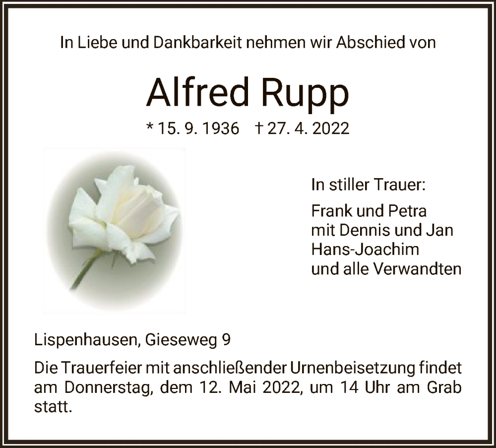 Traueranzeigen Von Alfred Rupp Trauer HNA De