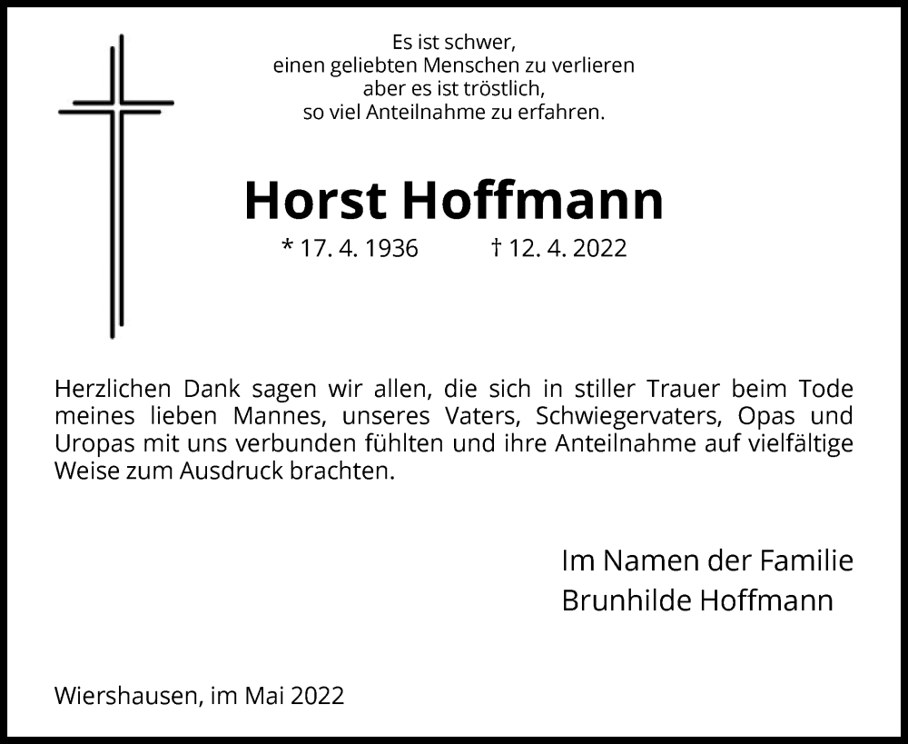 Traueranzeigen Von Horst Hoffmann Trauer Hna De