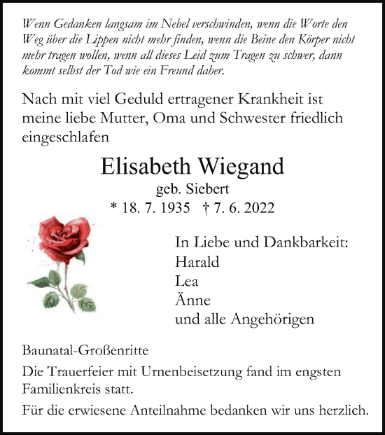 Traueranzeigen Von Elisabeth Wiegand Trauer HNA De