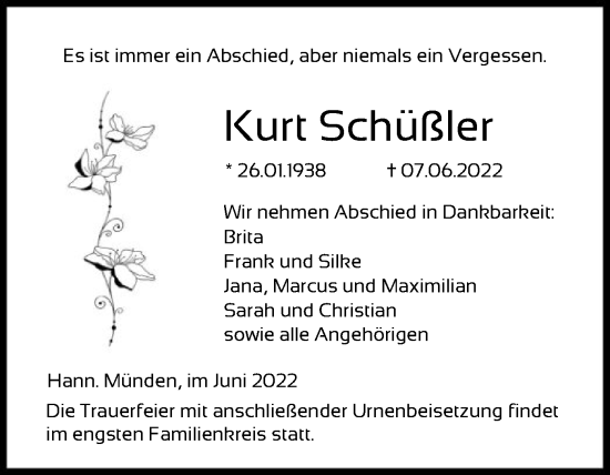 Traueranzeigen von Kurt Schüßler Trauer HNA de