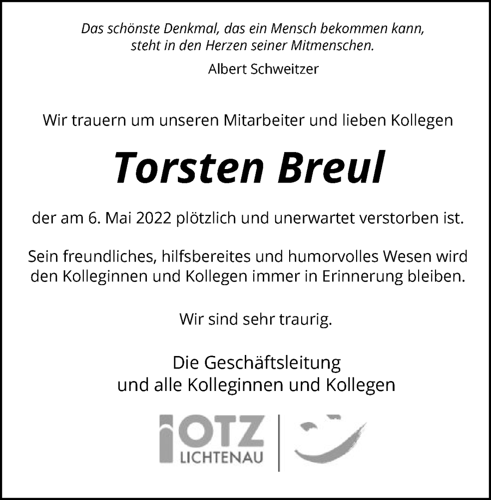 Traueranzeigen Von Torsten Breul Trauer Hna De