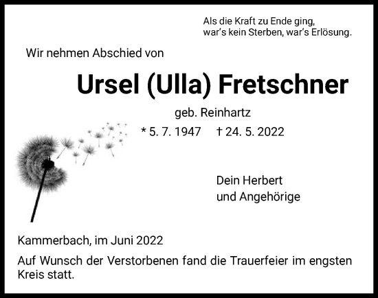 Traueranzeigen Von Ursel Fretschner Trauer Hna De