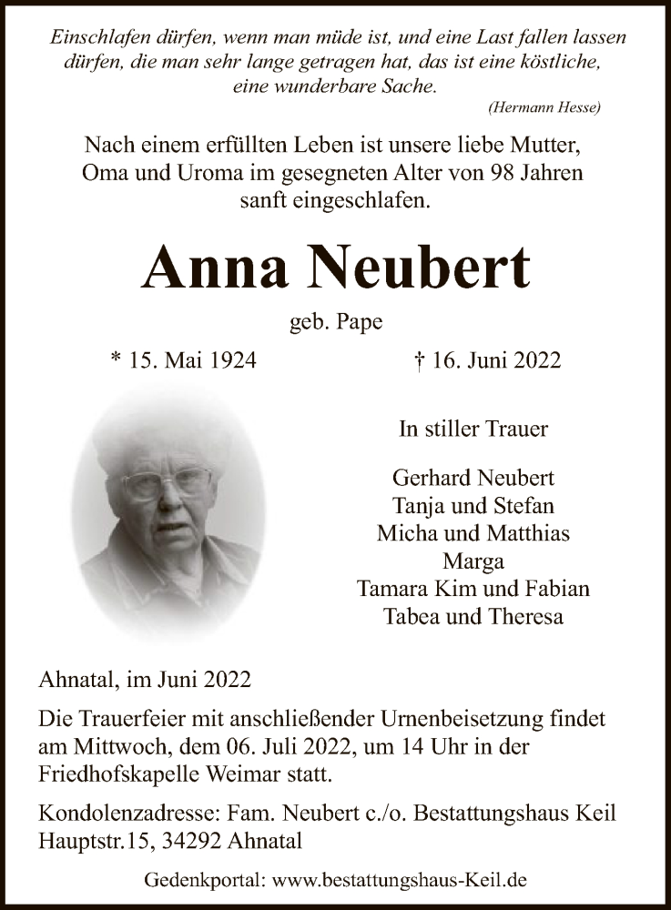 Traueranzeigen Von Anna Neubert Trauer HNA De