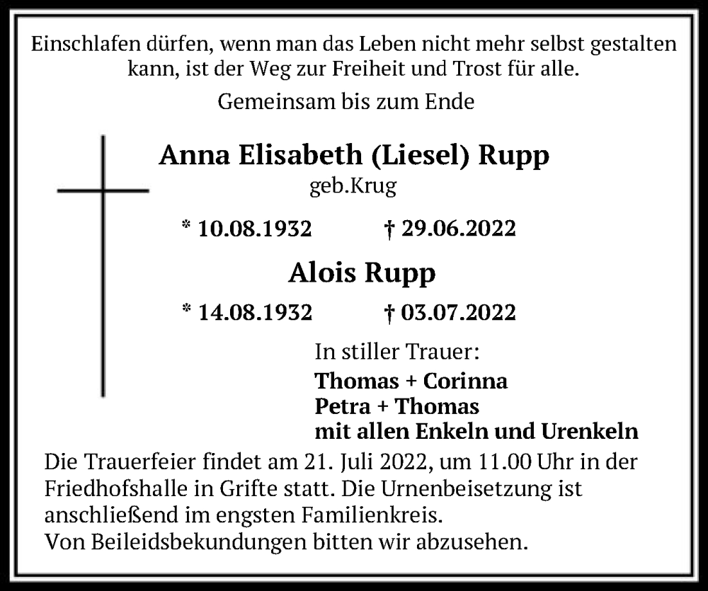 Traueranzeigen Von Anna Elisabeth Und Alois Rupp Trauer Hna De