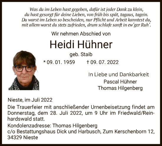 Traueranzeigen von Heidi Hühner Trauer HNA de