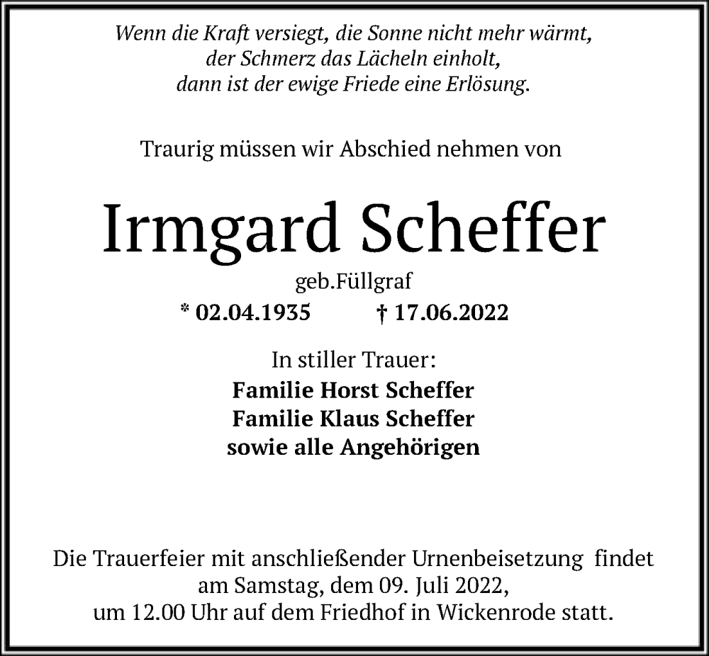 Traueranzeigen Von Irmgard Scheffer Trauer HNA De