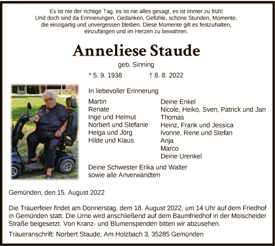 Traueranzeigen Von Anneliese Staude Trauer Hna De