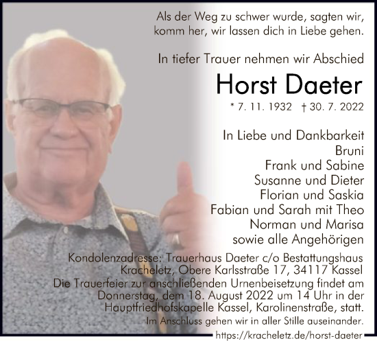 Traueranzeigen Von Horst Daeter Trauer Hna De