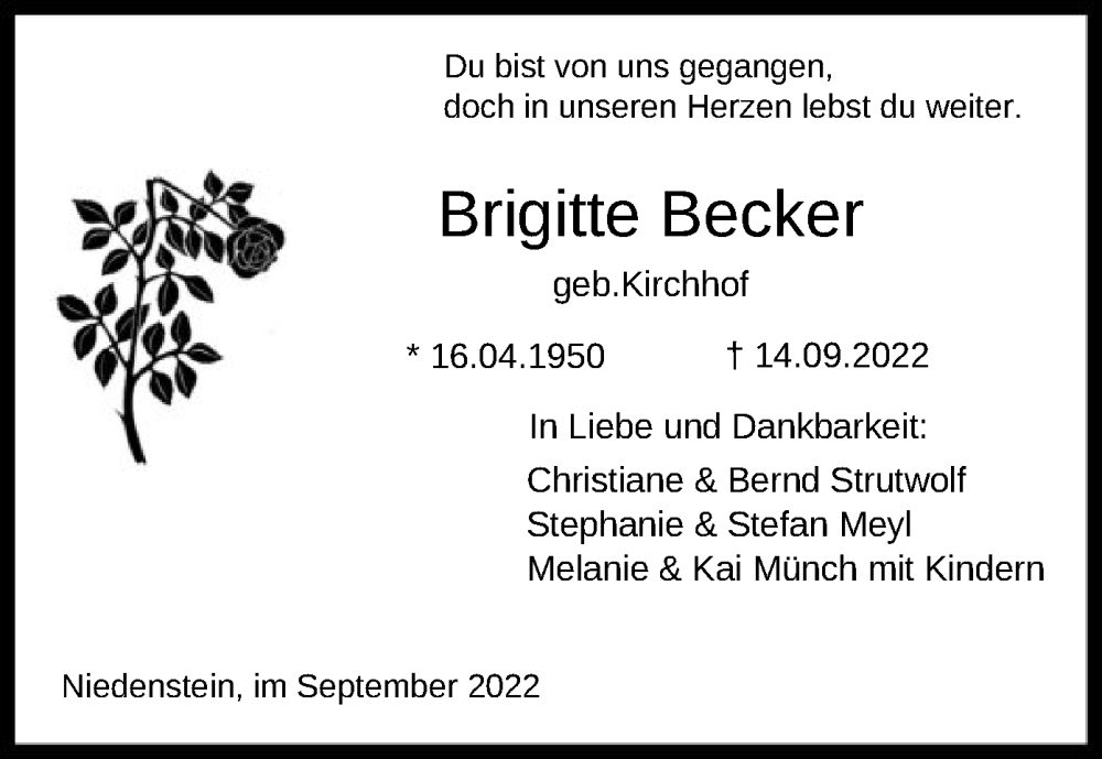 Traueranzeigen Von Brigitte Becker Trauer Hna De