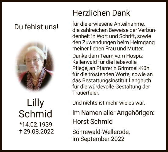 Traueranzeigen Von Lilly Schmid Trauer HNA De