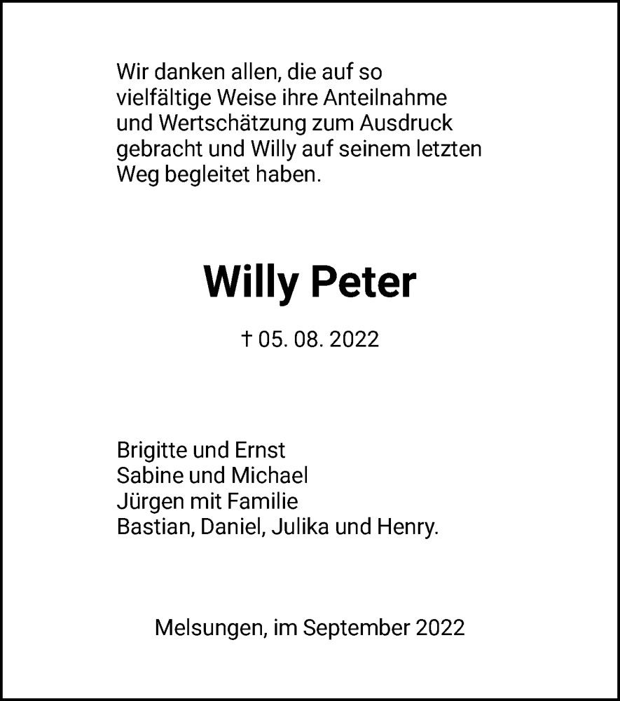 Traueranzeigen Von Willy Peter Trauer Hna De