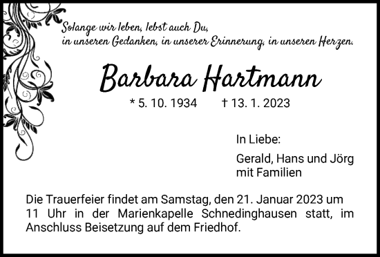 Traueranzeigen Von Barbara Hartmann Trauer HNA De