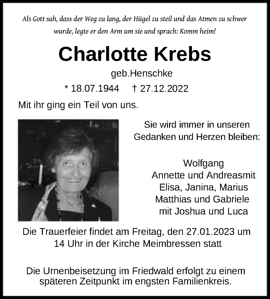 Traueranzeigen Von Charlotte Krebs Trauer Hna De