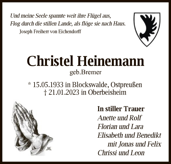 Traueranzeigen Von Christel Heinemann Trauer Hna De