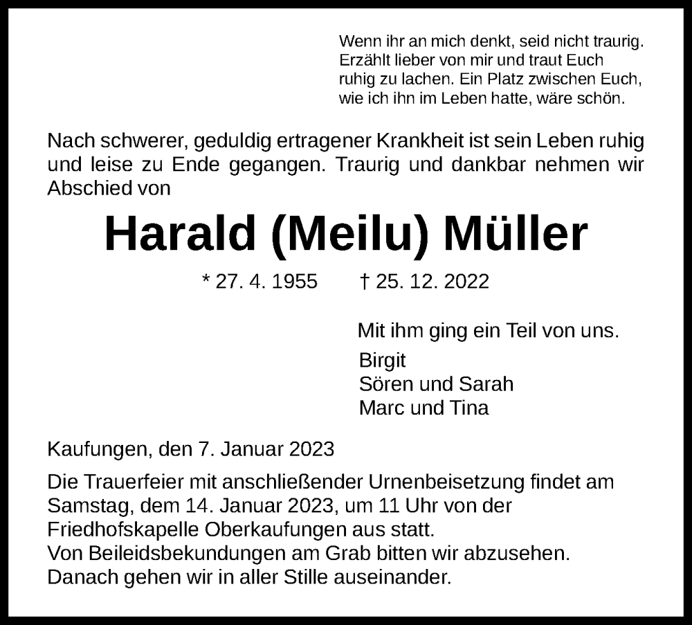 Traueranzeigen von Harald Müller Trauer HNA de