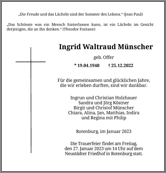 Traueranzeigen von Ingrid Waltraud Münscher Trauer HNA de