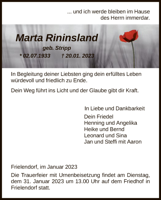 Traueranzeigen Von Marta Rininsland Trauer HNA De