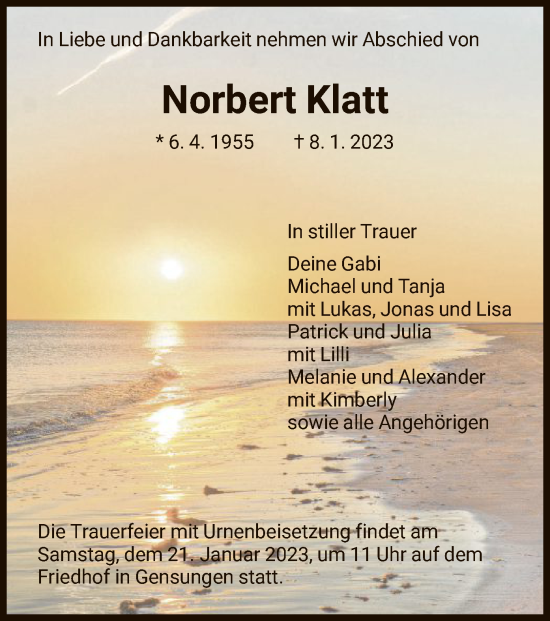 Traueranzeigen Von Norbert Klatt Trauer HNA De