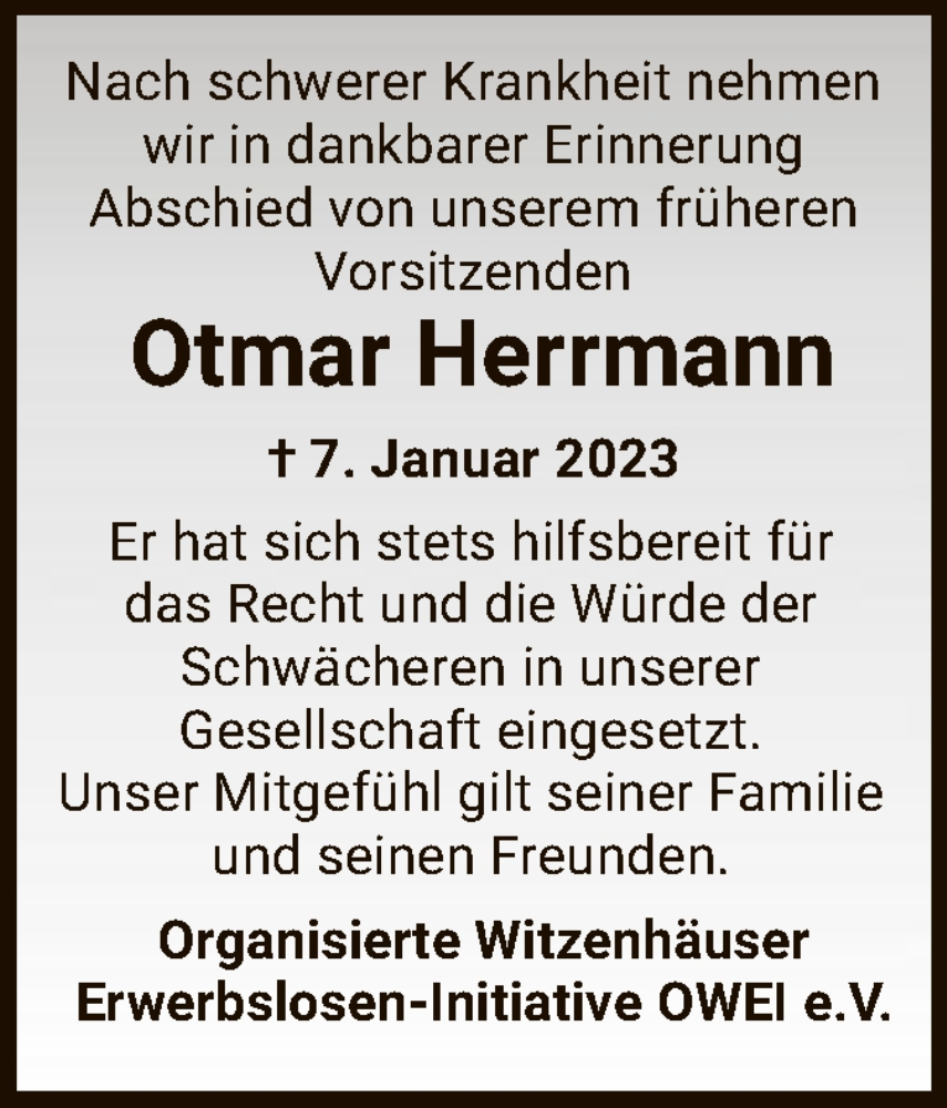 Traueranzeigen Von Otmar Herrmann Trauer Hna De