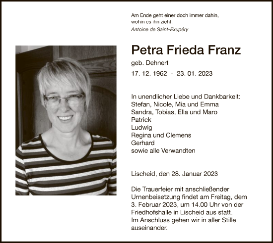 Traueranzeigen Von Petra Frieda Franz Trauer HNA De