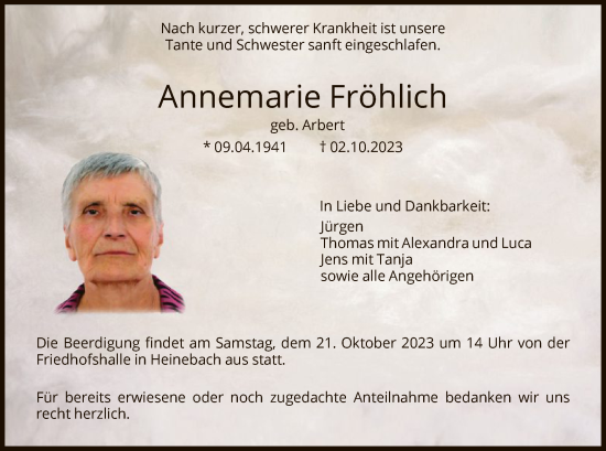 Traueranzeigen Von Annemarie Fr Hlich Trauer Hna De