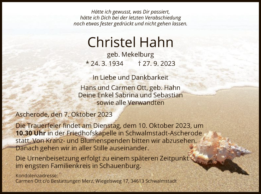 Traueranzeigen Von Christel Hahn Trauer Hna De