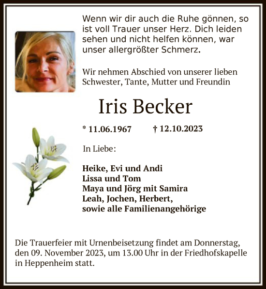 Traueranzeigen Von Iris Becker Trauer Hna De