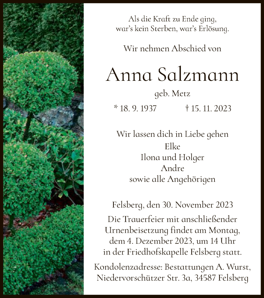 Traueranzeigen Von Anna Salzmann Trauer HNA De