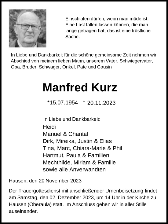 Traueranzeigen Von Manfred Kurz Trauer Hna De