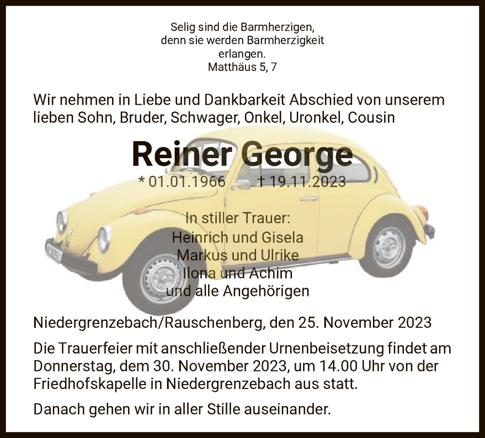 Traueranzeigen Von Reiner George Trauer HNA De