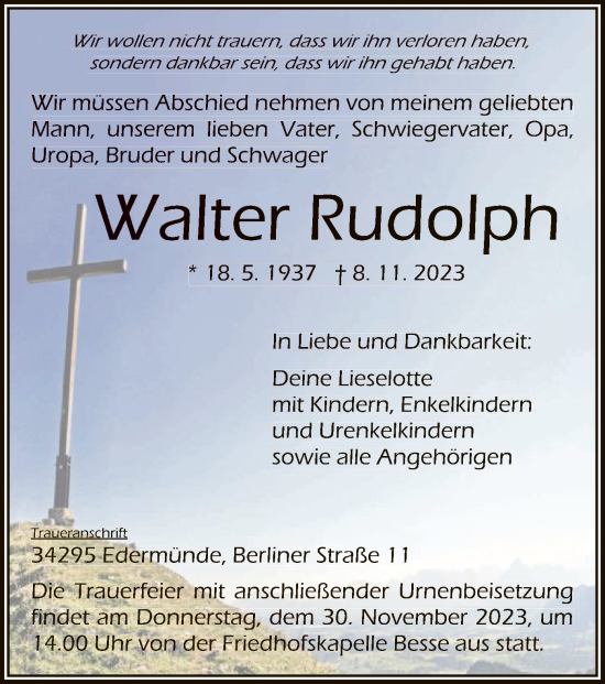 Traueranzeigen Von Walter Rudolph Trauer Hna De