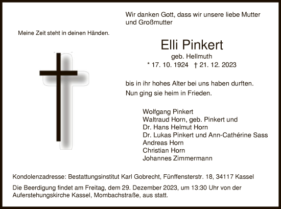 Traueranzeigen Von Elli Pinkert Trauer HNA De