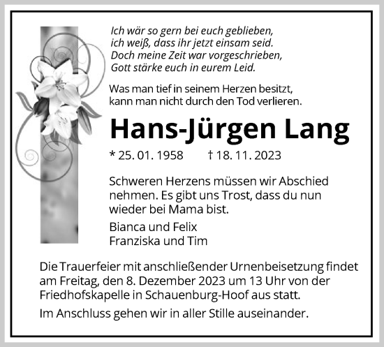 Traueranzeigen Von Hans J Rgen Lang Trauer Hna De