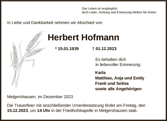 Traueranzeigen Von Herbert Hofmann Trauer HNA De