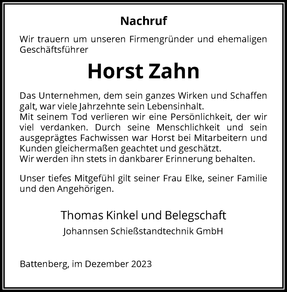 Traueranzeigen Von Horst Zahn Trauer HNA De