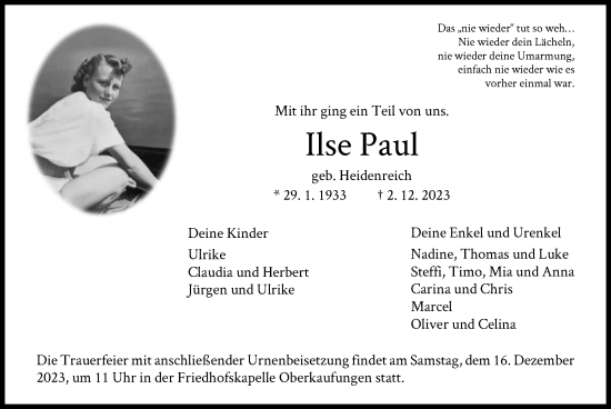 Traueranzeigen Von Ilse Paul Trauer HNA De