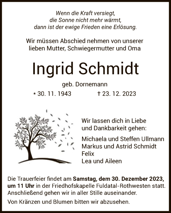 Traueranzeigen Von Ingrid Schmidt Trauer Hna De