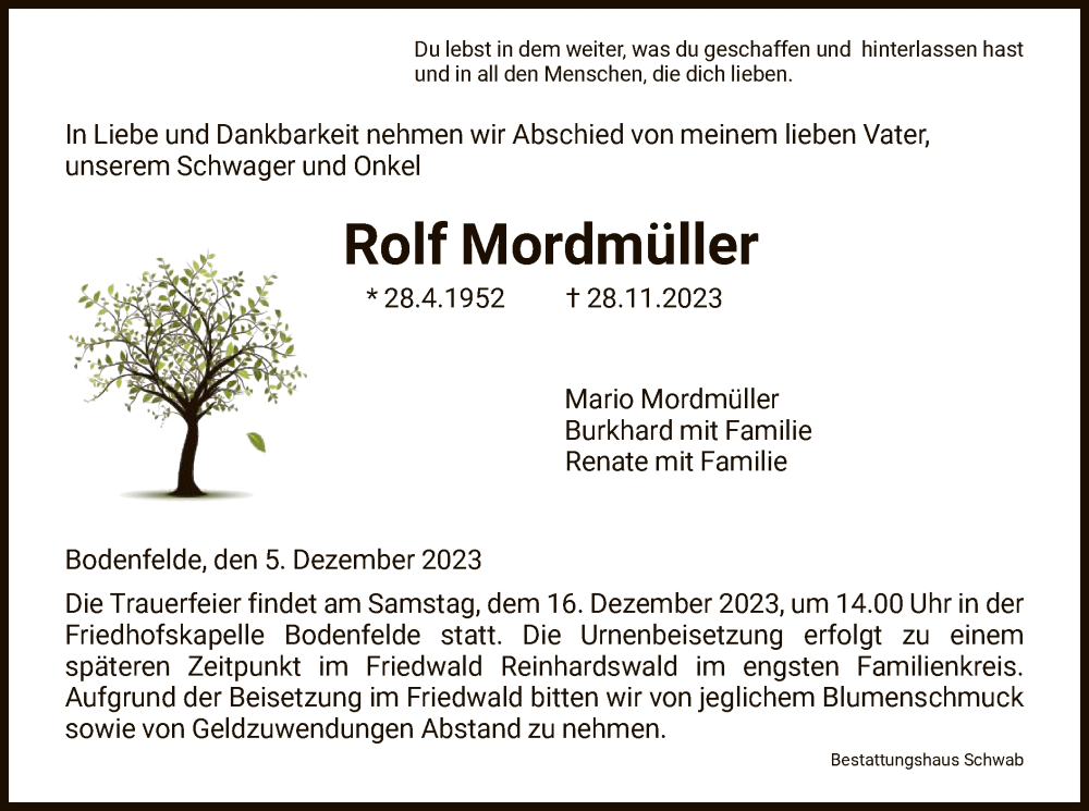 Traueranzeigen von Rolf Mordmüller Trauer HNA de