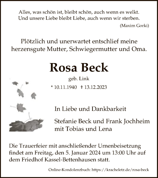 Traueranzeigen Von Rosa Beck Trauer Hna De