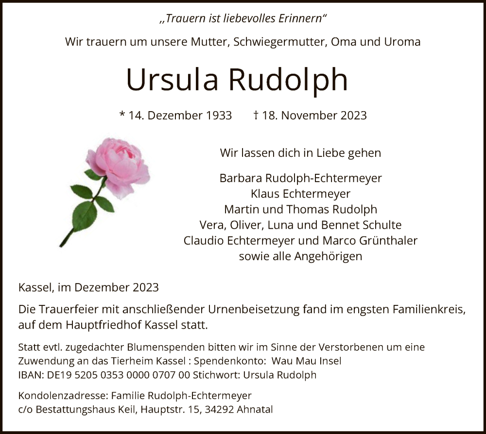 Traueranzeigen Von Ursula Rudolph Trauer HNA De