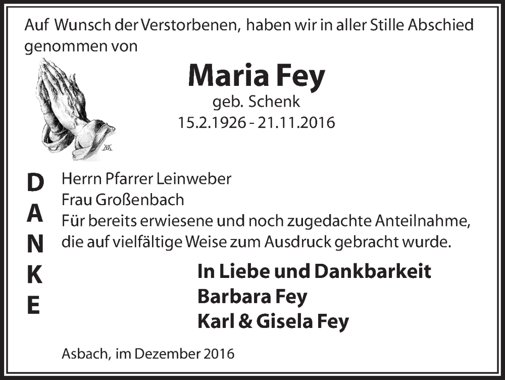 Traueranzeigen Von Maria Fey Trauer Hna De